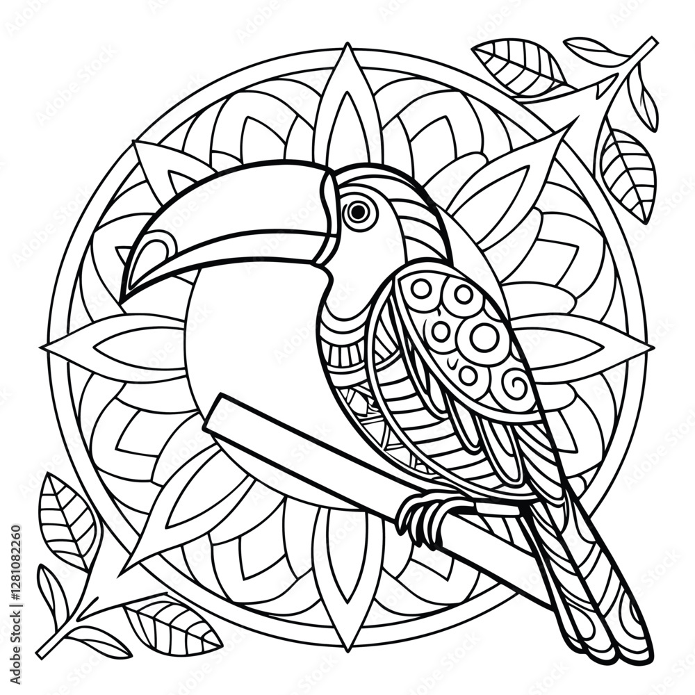 Naklejka premium Toucan Coloring Page: Intricate Mandala Design with Tropical Bird, Detailed Line Art for Relaxation and Creative Coloring Fun