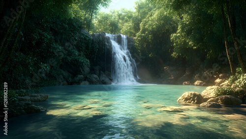 Hidden tropical waterfall with crystal-clear water and lush jungle surroundings