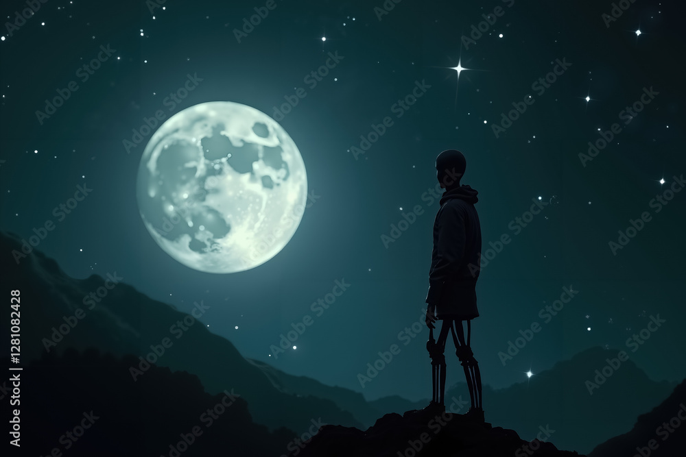 Dia de Muertos Inspired Artwork of Skeleton Gazing at Full Moon in a Mystical Setting Dia de Muertos Inspired Artwork of Skeleton Gazing at Full Moon in a Mystical Setting