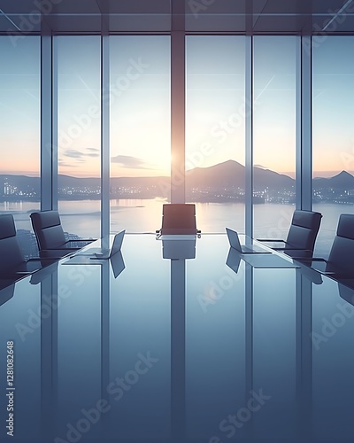 Empty boardroom overlooking city at sunrise