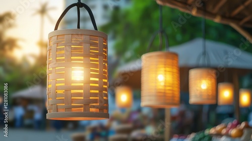 Colorful lanterns illuminating a night market Concept, Handcrafted Lanterns Glowing Warmly Above a Bustling Market Scene at Dusk