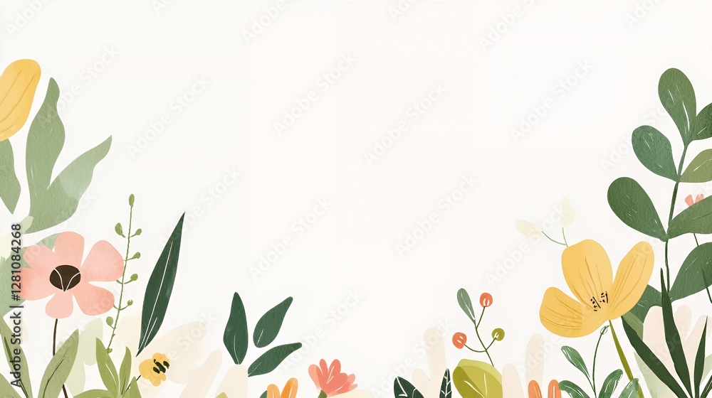 Fototapeta premium Pastel Floral Illustration with Yellow and Pink Flowers on White Background