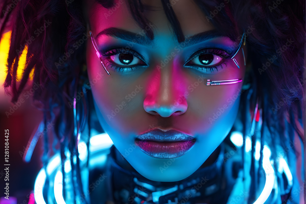 A woman with long dreadlocks and a black face with neon lights A woman with long dreadlocks and a black face with neon lights
