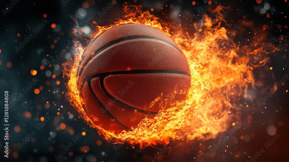 Basketball engulfed in flames symbolizing the intensity and excitement of a sports competition Basketball engulfed in flames symbolizing the intensity and excitement of a sports competition