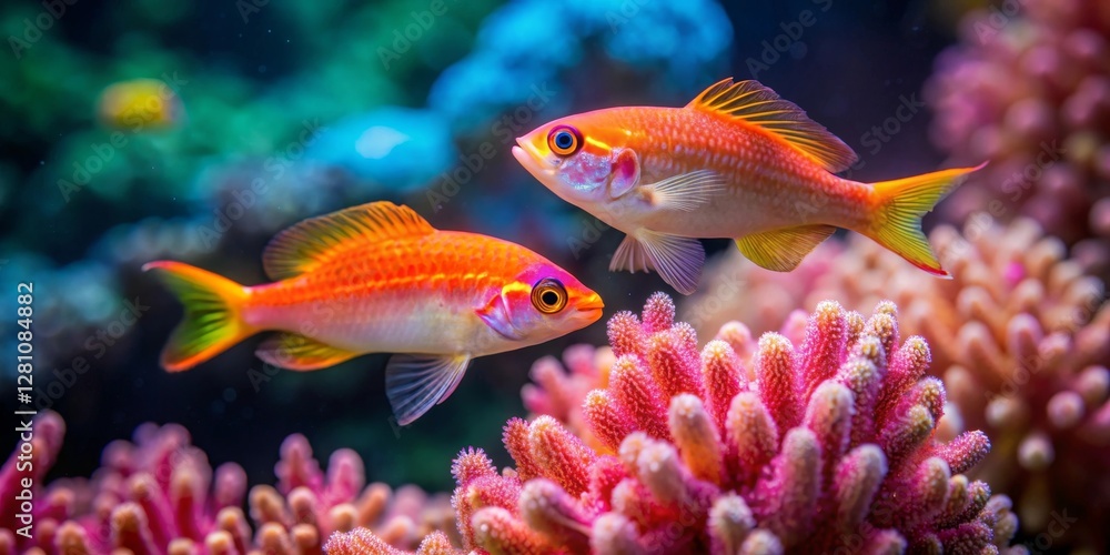 Fototapeta premium Vibrant orange fish gracefully swim amidst a breathtaking coral reef, showcasing nature's underwater artistry
