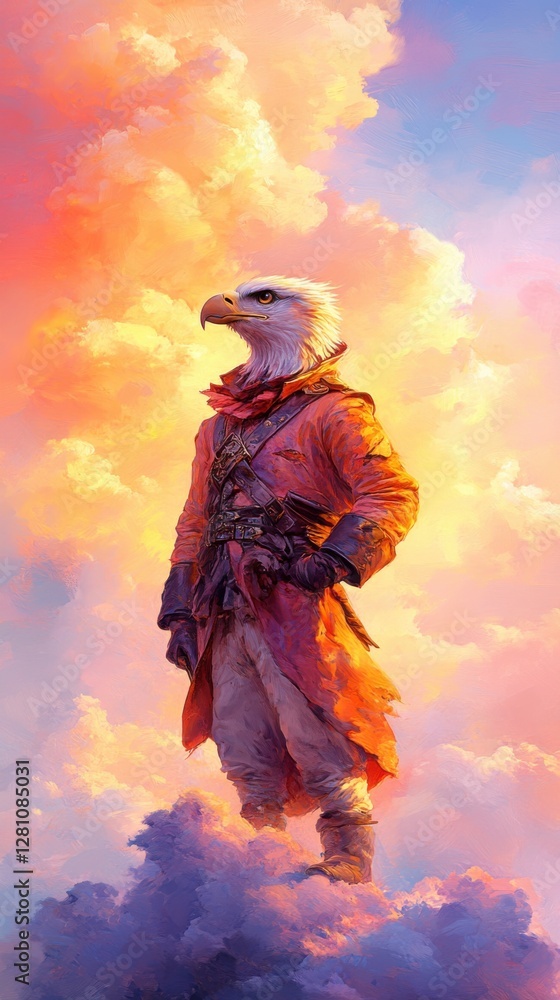 Fototapeta premium Determined eagle in generals uniform standing proud on cliff edge under dramatic sky