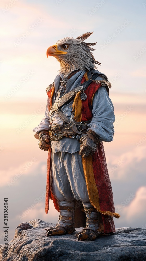 Fototapeta premium Eagle general stands resolutely on a cliff edge under a dramatic sky at sunset