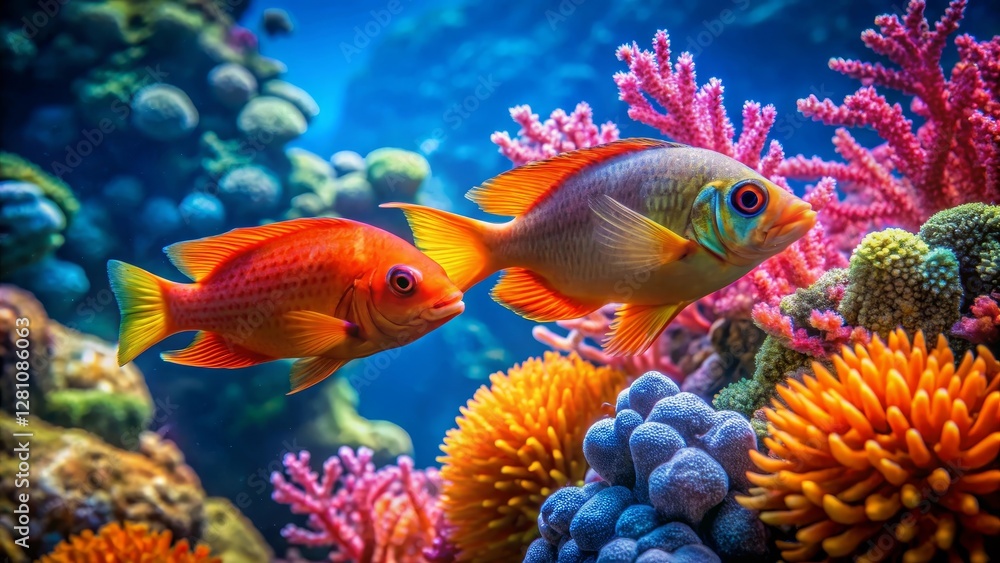 Vibrant Reef Inhabitants Two Colorful Fish Gracefully Swim Amidst a Lush Coral Garden, Their Scales Gleaming in the Underwater Sunlight, a Scene of Peaceful Aquatic Life Vibrant Reef Inhabitants Two Colorful Fish Gracefully Swim Amidst a Lush Coral Garden, Their Scales Gleaming in the Underwater Sunlight, a Scene of Peaceful Aquatic Life