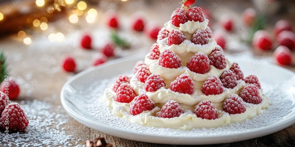 Naklejka premium Sweet treat shaped like a Christmas tree, made with red raspberries and whipped cream.