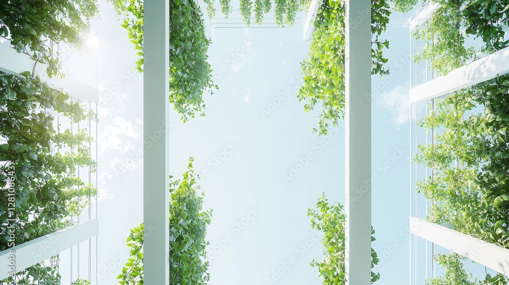 Fototapeta premium A cutting-edge farm featuring automated irrigation and lush vegetation. This advanced agricultural system displays rows of thriving plants under bright lights, highlighting sustainability and