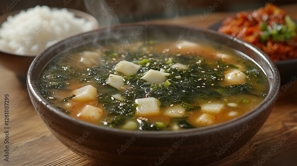 A steaming bowl of traditional Korean seaweed soup, with a side of rice and kimchi. A steaming bowl of traditional Korean seaweed soup, with a side of rice and kimchi.