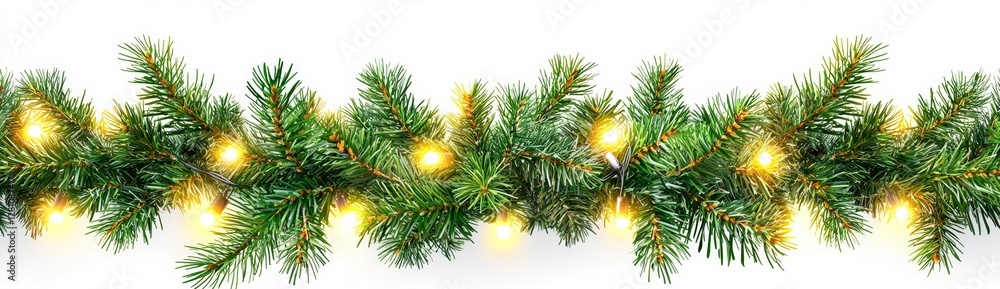 A smooth decorative Christmas border featuring a lights garland and coniferous branches, isolated on a transparent background A smooth decorative Christmas border featuring a lights garland and coniferous branches, isolated on a transparent background