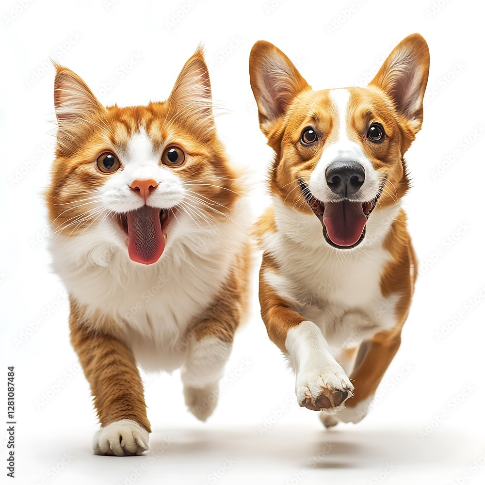 Joyful Cat and Dog Running Together in Studio Setting Happy Moment Captured in Close-Up Joyful Cat and Dog Running Together in Studio Setting Happy Moment Captured in Close-Up