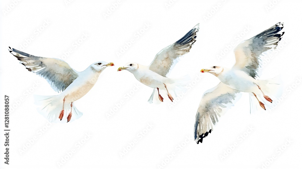 Obraz premium Majestic Seagulls Soaring Through Clear Blue Sky
