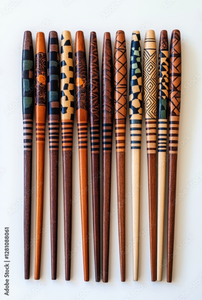 A Collection of Beautifully Crafted Wooden Chopsticks with Intricate Patterns and Designs on a Light Background