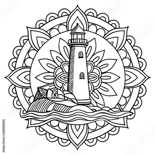 Lighthouse Mandala Coloring Page: Detailed Vector Illustration of a Coastal Scene for Relaxation and Creative Coloring Fun