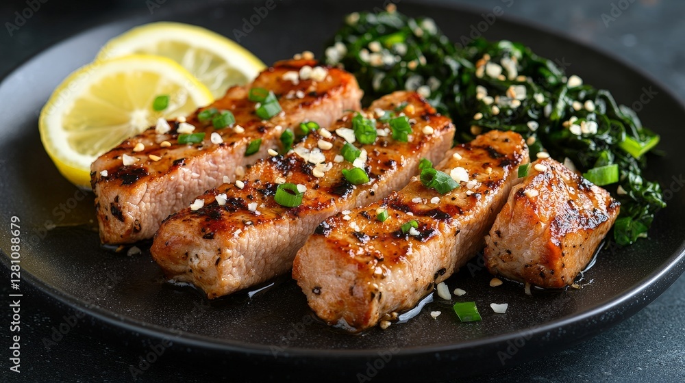Grilled salmon fillets served with lemon and sautéed greens on a black plate. Grilled salmon fillets served with lemon and sautéed greens on a black plate.