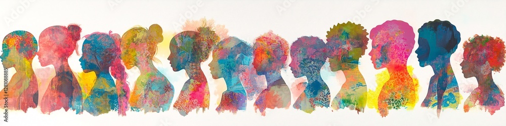 Vibrant and Colorful Artistic Collage of Silhouetted Female Profiles with Abstract Textured Layers Vibrant and Colorful Artistic Collage of Silhouetted Female Profiles with Abstract Textured Layers