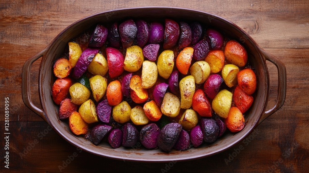 Colorful potatoes and sweet potatoes in a cast iron pan. Colorful potatoes and sweet potatoes in a cast iron pan.