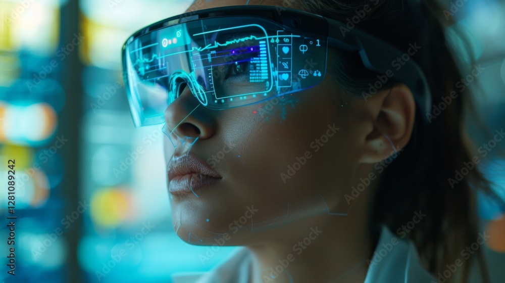 A professional woman wears sleek augmented reality glasses displaying real time mental health data and mindfulness tools, representing the future of digital therapy in telemedicine. A professional woman wears sleek augmented reality glasses displaying real time mental health data and mindfulness tools, representing the future of digital therapy in telemedicine.
