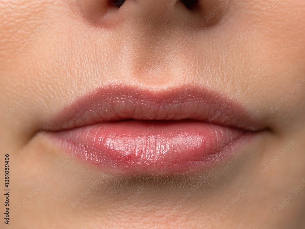 Fototapeta premium Close-up of woman's lips with pink lipstick applied.