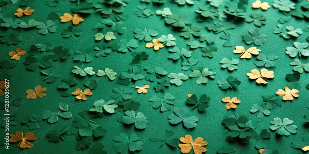 Green shamrock paper with gold four leaf clovers, a traditional symbol of good luck and celebration for St Patrick's Day. Green shamrock paper with gold four leaf clovers, a traditional symbol of good luck and celebration for St Patrick's Day.