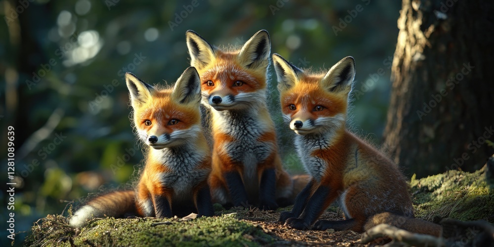 Fototapeta premium A trio of foxes sitting together on the forest floor, showcasing their natural environment.