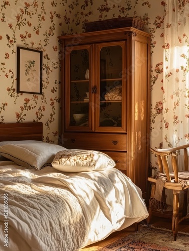 Wallpaper Mural A rustic bedroom featuring a bed with floral wallpaper Torontodigital.ca