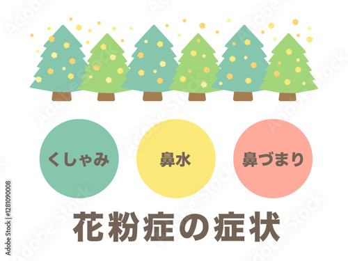 花粉症の症状　杉　林　くしゃみ　鼻水　鼻づまり　イラストセット