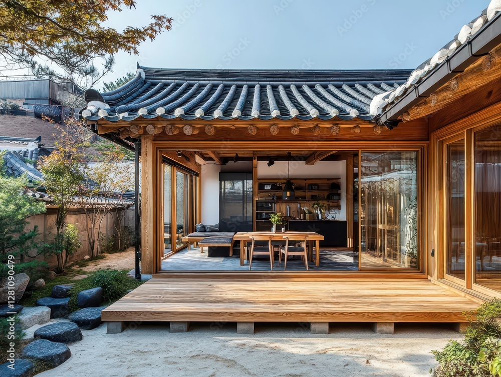 Naklejka premium Traditional Korean home with wooden deck interior and exterior details