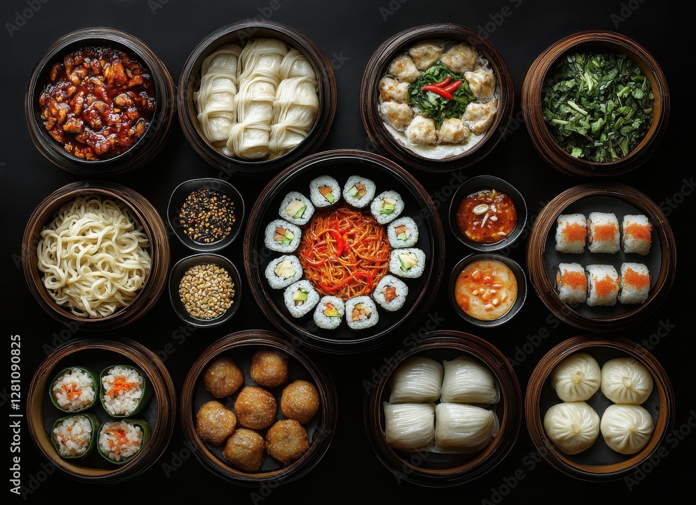 A Varied Selection of Asian Cuisine Featuring Sushi, Dumplings, Noodles, and Garden Vegetables Served in Stylish Bowls on a Dark Background A Varied Selection of Asian Cuisine Featuring Sushi, Dumplings, Noodles, and Garden Vegetables Served in Stylish Bowls on a Dark Background
