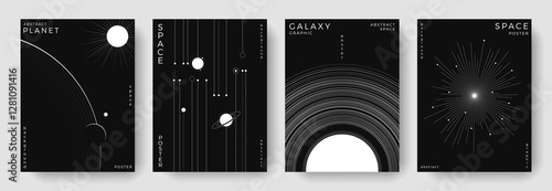 Set of abstract space astronomy backgrounds. Line art galaxy, universe, planet, solar system. Science future concept. Cosmic minimalist design for cover, poster, layout, banner, flyer, brochure
