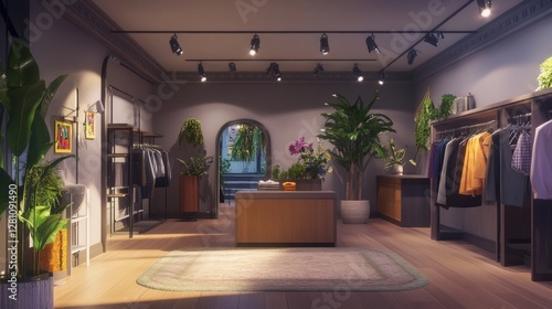 Wallpaper Mural Stylish retail clothing store interior showcasing modern design, vibrant plants, and elegant lighting Torontodigital.ca