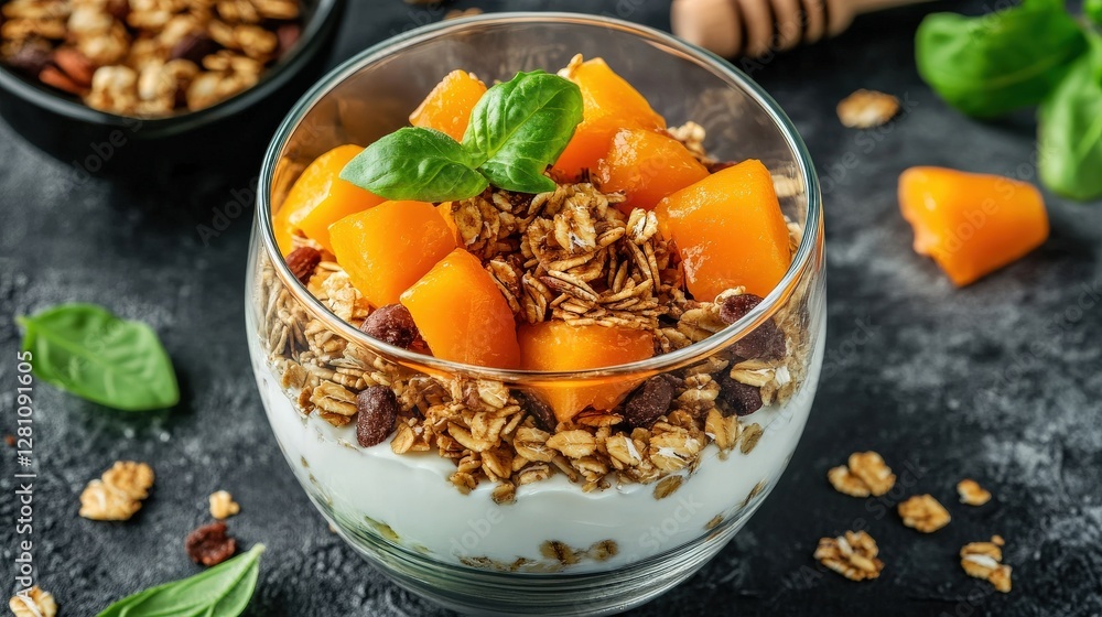 Healthy Yogurt Bowl with Honey and Fresh Fruits on Isolated Background Healthy Yogurt Bowl with Honey and Fresh Fruits on Isolated Background