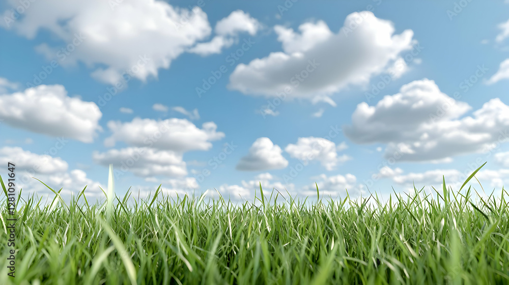 Fototapeta premium Lush green grass blades grow under a bright blue sky filled with fluffy white clouds on a sunny day.