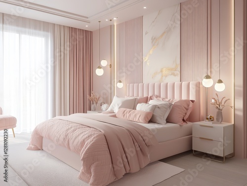 Elegant bedroom showcasing modern and luxurious design elements in pink
