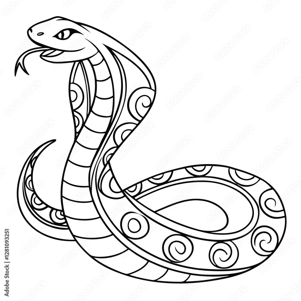 Fototapeta premium Cobra Snake Illustration: Black and White Line Art of a Hooded Cobra, Detailed Vector Drawing for Coloring Pages and Educational Resources