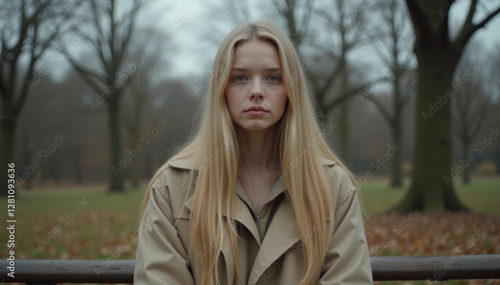 Young woman with long blonde hair in beige coat sitting on bench in park during autumn. Leafless trees and fallen leaves, cold season. Solitude, nature, autumn, or outdoor activities. Young woman with long blonde hair in beige coat sitting on bench in park during autumn. Leafless trees and fallen leaves, cold season. Solitude, nature, autumn, or outdoor activities.