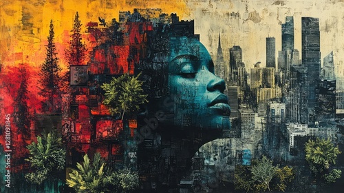 Serene profile juxtaposes nature with an urban environment