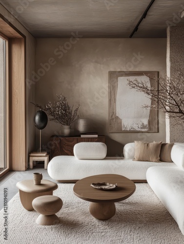 A minimalistic living room with stylish modern furniture present