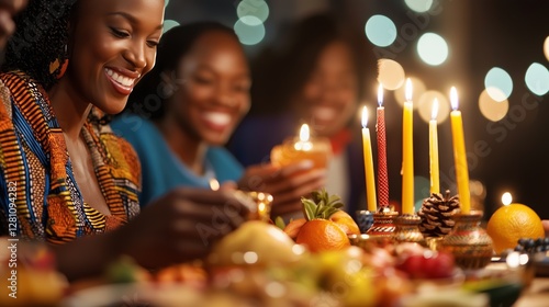 Celebrating Kwanzaa with vibrant African fabrics and candle lighting on a kinara photo