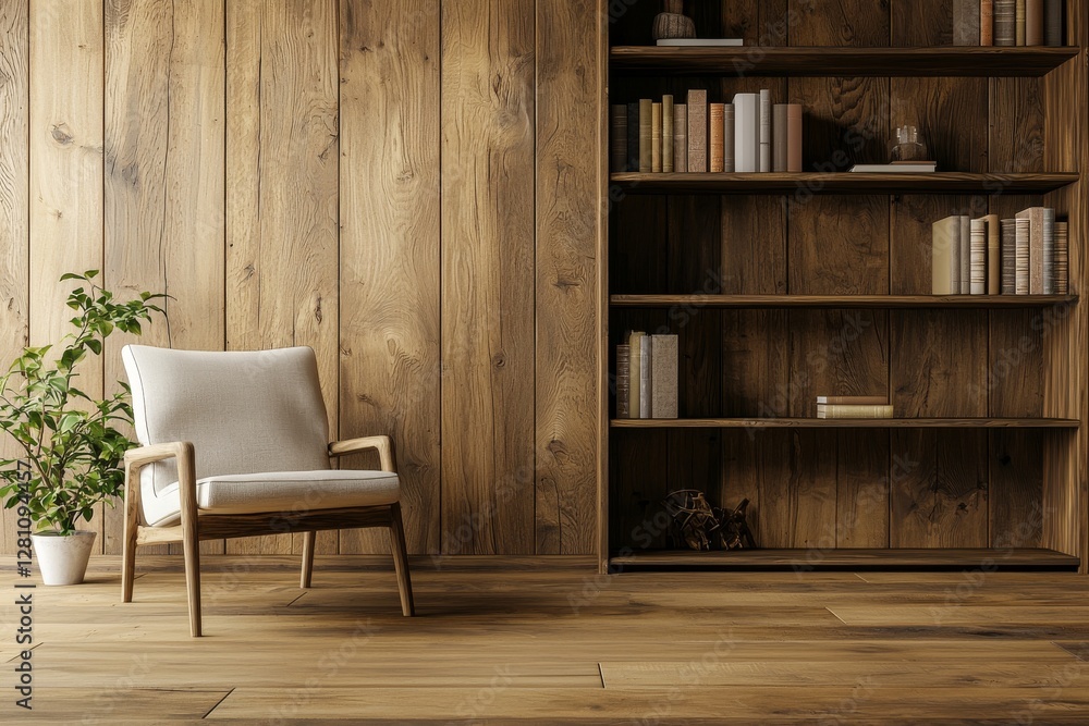 Fototapeta premium A sleek, modern living room with a wooden bookshelf, armchair, and decor set against a wood-paneled wall. 3D Rendering