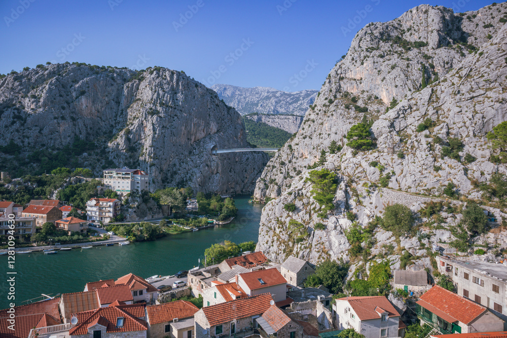 Obraz premium View to Omis and Cetina river with mountains, Omis, Dalmatia, Split, Croatia 