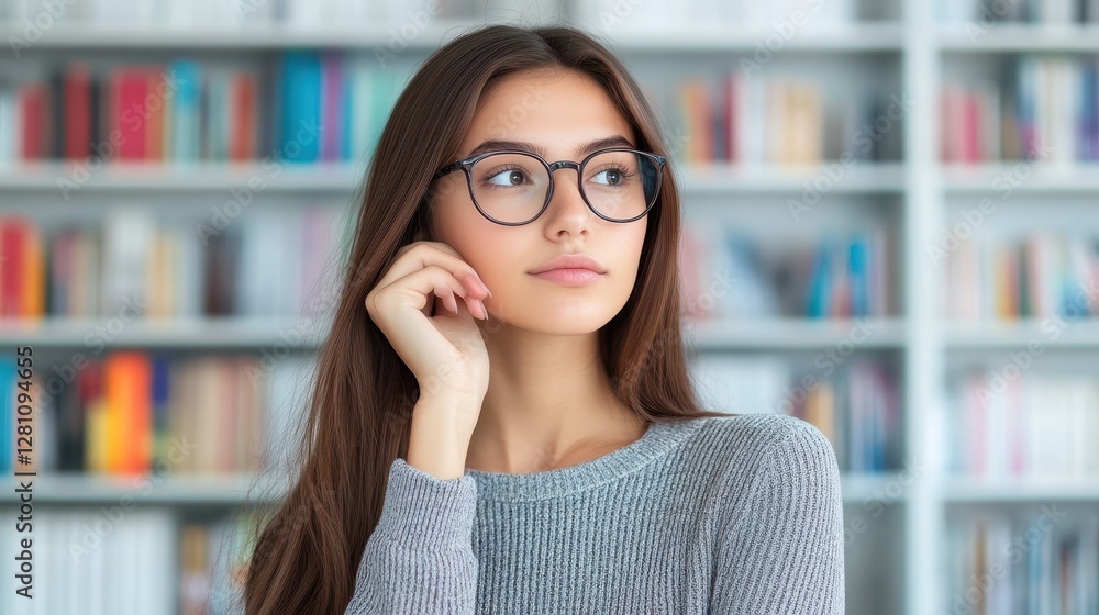 A focused woman wearing glasses poses confidently in front of a large collection of books, showcasing a scholarly environment and intellectual curiosity. A focused woman wearing glasses poses confidently in front of a large collection of books, showcasing a scholarly environment and intellectual curiosity.
