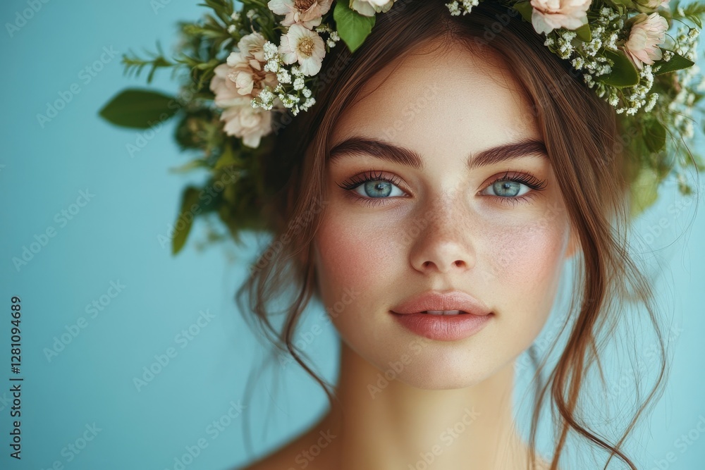 Beautiful European lady with clean fresh skin posing on blue background. Facial treatment, cosmetology, beauty and spa concept, Generative AI Beautiful European lady with clean fresh skin posing on blue background. Facial treatment, cosmetology, beauty and spa concept, Generative AI