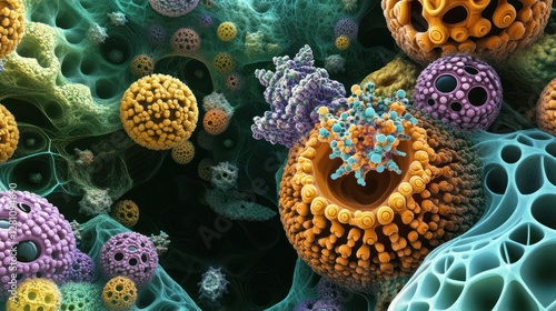 Microscopic abstract 3D render of colorful, porous spheres and organic structures.