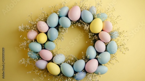 Colorful eggs in a wreath on yellow background