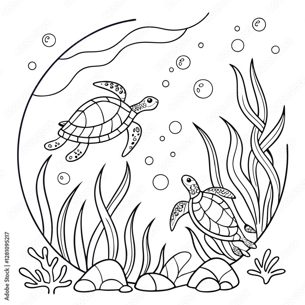 Fototapeta premium Turtle Coloring Page: Printable Ocean Scene with Sea Turtles, Seaweed, Bubbles, and Rocks - Relaxing Underwater Art for Kids and Adults