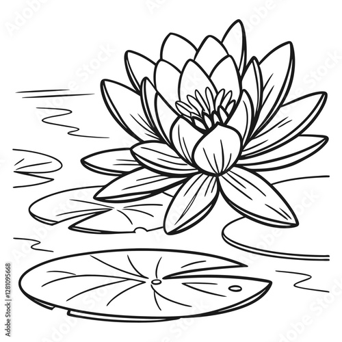 Lotus Flower Coloring Page: Detailed Line Art of Water Lily with Pads for Kids & Adults - Printable Floral Illustration for Relaxation