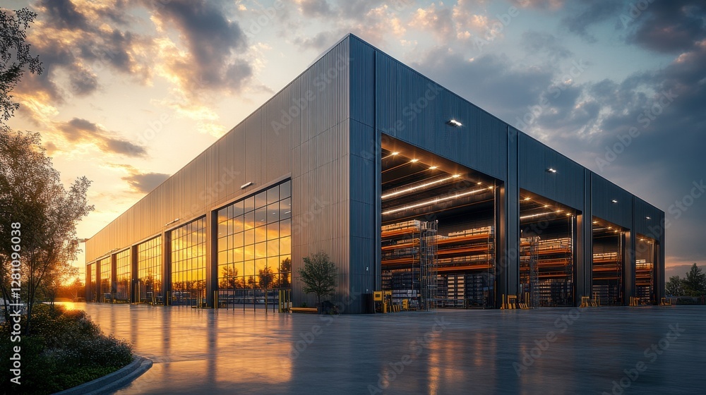 A modern industrial warehouse at sunset, showcasing large glass doors and a sleek metal exterior, surrounded by trees and reflecting vibrant colors. A modern industrial warehouse at sunset, showcasing large glass doors and a sleek metal exterior, surrounded by trees and reflecting vibrant colors.